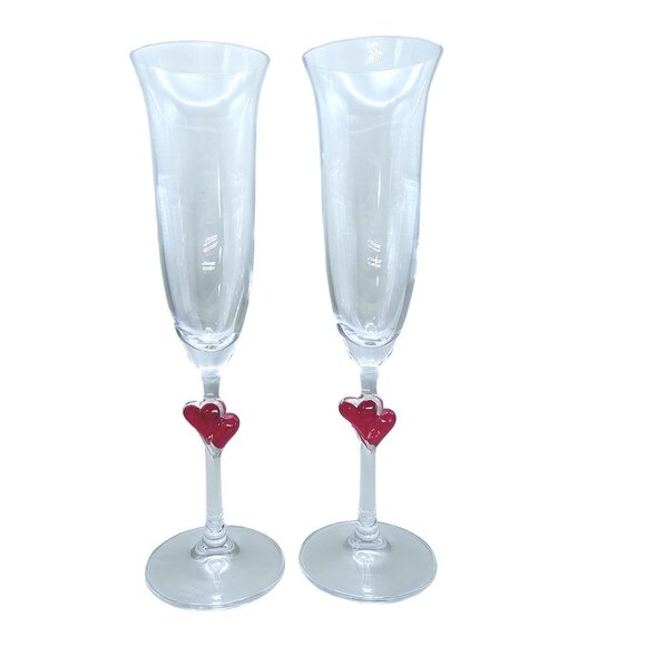 Pair Of Stölzle Lausitz Champagne Flutes With Red Heart Stems - Picture 1 of 9